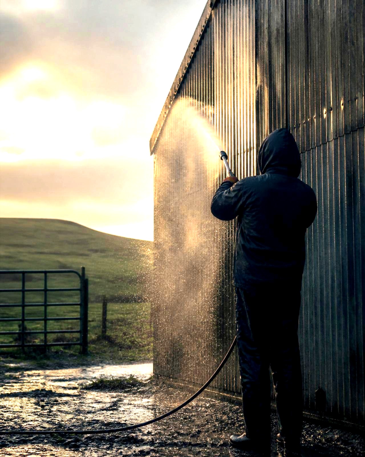 Power washing a steel-clad farm shed in the Irish countryside